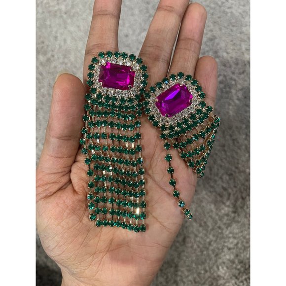 Fuchsia earrings large pink & green fringe long emerald crystal dark green - Picture 5 of 10